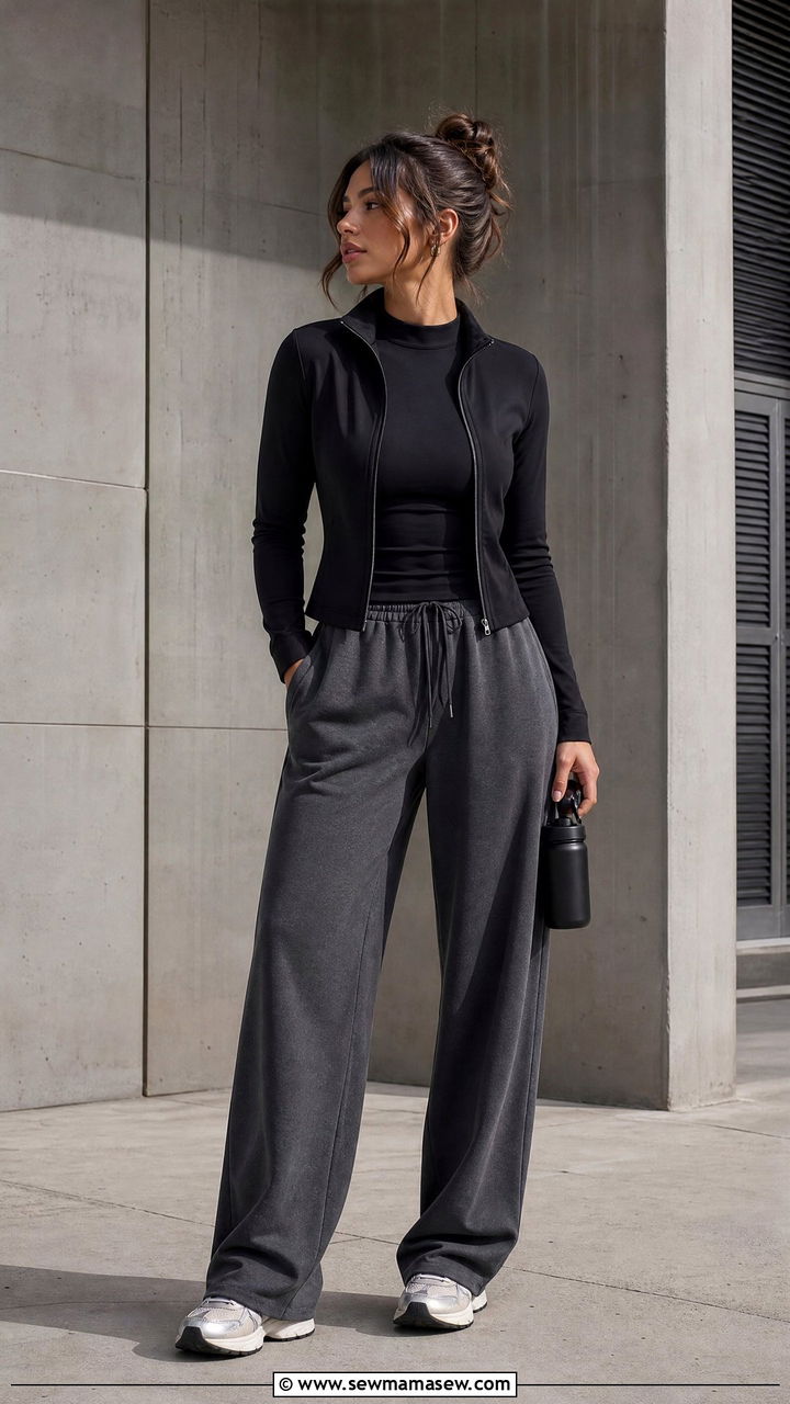 Zip Up Jacket With Wide Leg Sweatpants - 25 Gym outfit ideas modest
