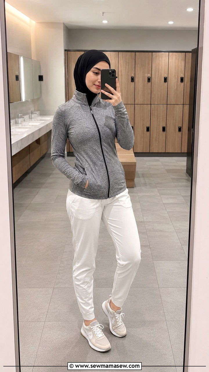 Zip Up Jacket with Training Pants and Pull On Hijab - 25 Modest gym outfit ideas with hijab