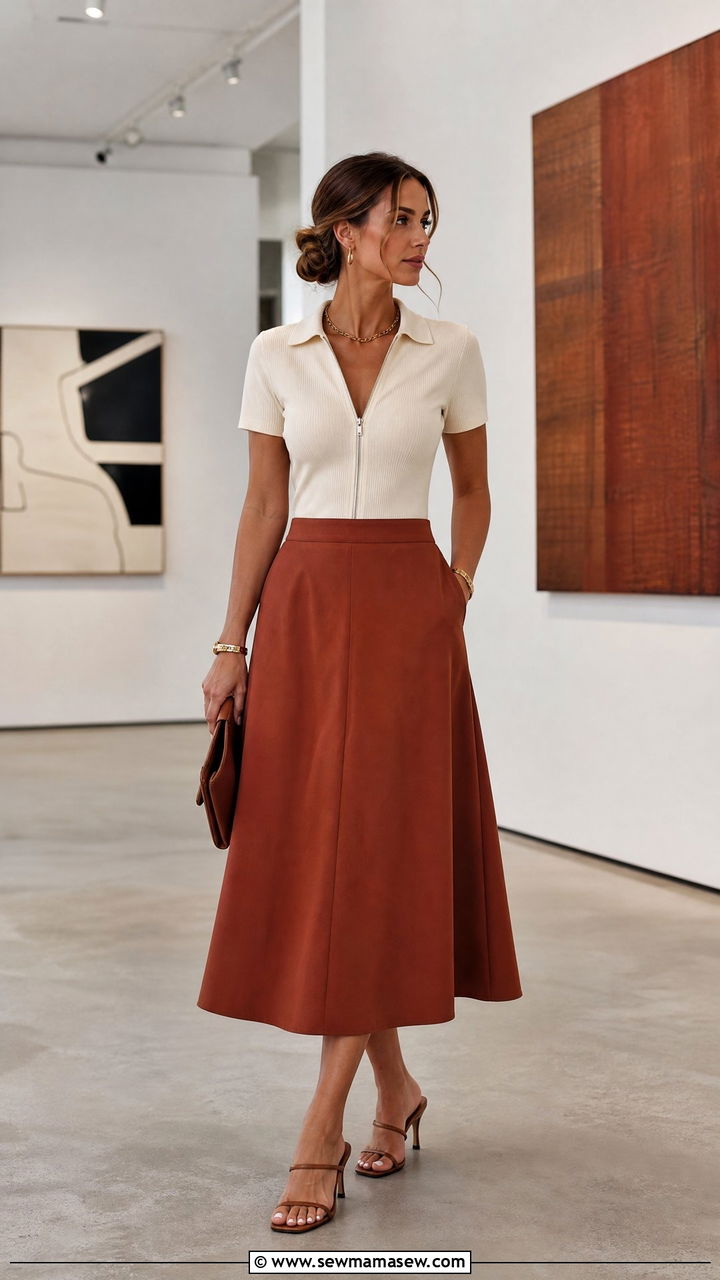 Zip Up Polo Shirt with Contrast Midi Skirt Outfit - 25 How to style a polo shirt