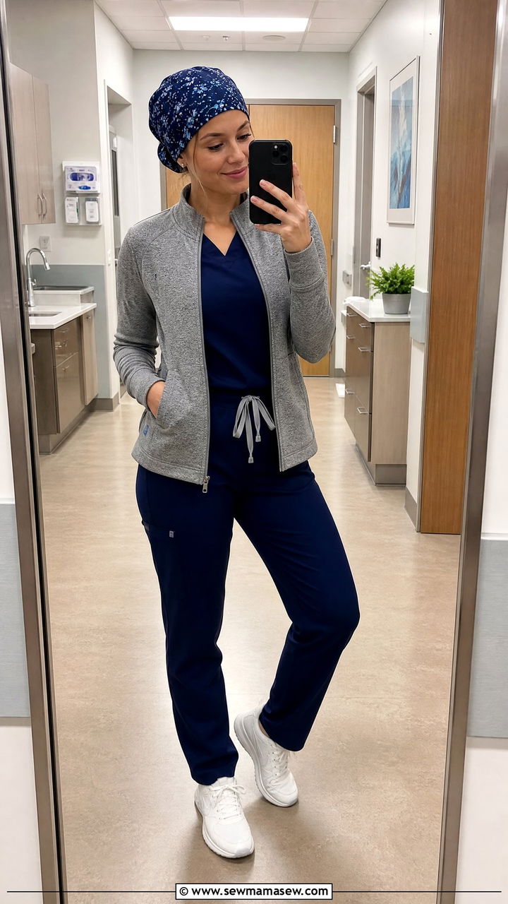 Zip Up Scrub Jacket Layered Over Scrub Set - 30 ER nurse outfit ideas