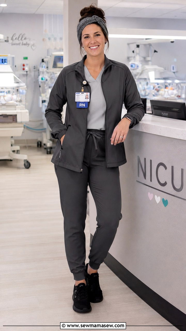 Zip Up Scrub Jacket Over Slim Jogger Scrubs - 20 Nicu nurse outfit ideas