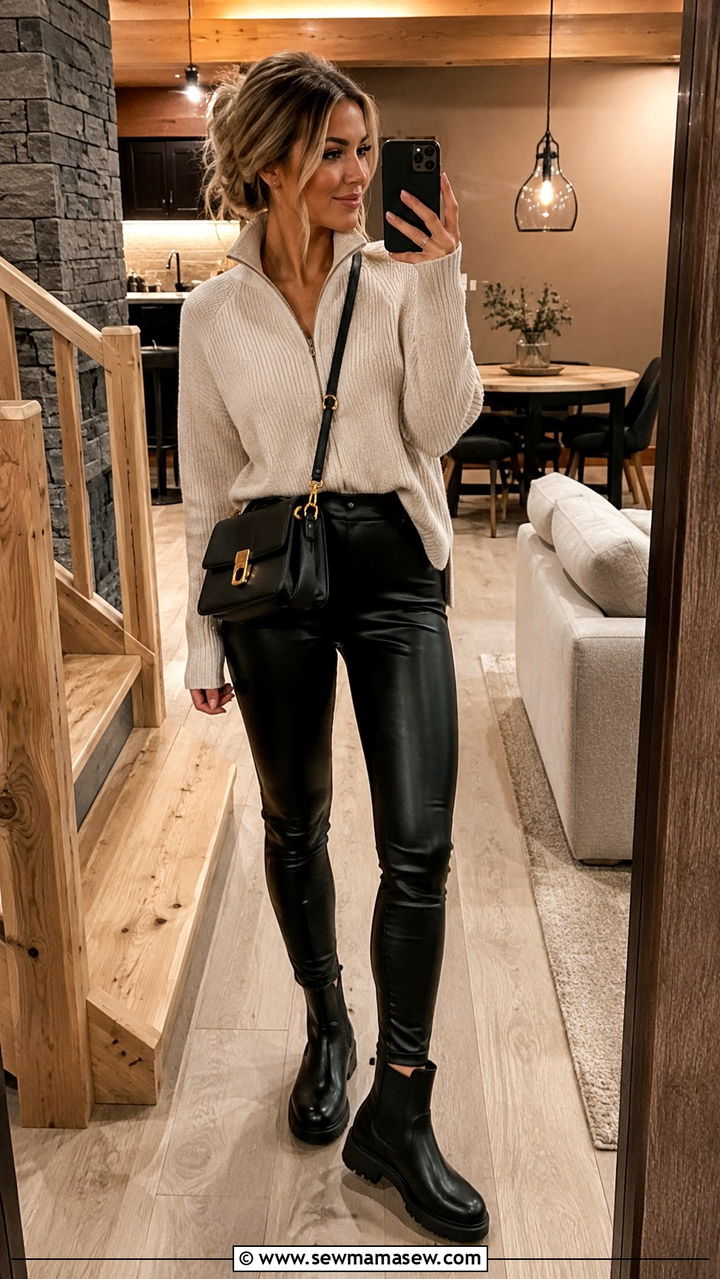 Zip Up Sweater Outfit with Faux Leather Leggings and Chelsea Boots - 30 Spring cabin weekend outfits