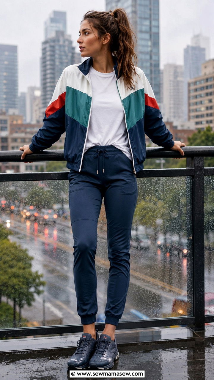 Zip Up Track Jacket With Joggers and Rain Sneakers - 30 rainy day outfits casual