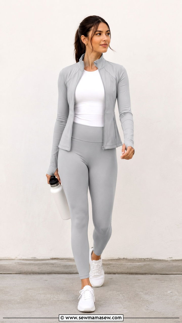 Zip Up Yoga Jacket Layered Over Tank and Leggings - 25 Yoga outfit ideas modest