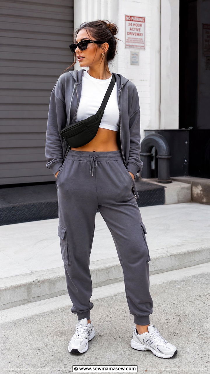 Zip hoodie cargo jogger lounge set with dad sneakers - 25 Loungewear 3 piece set outfit ideas