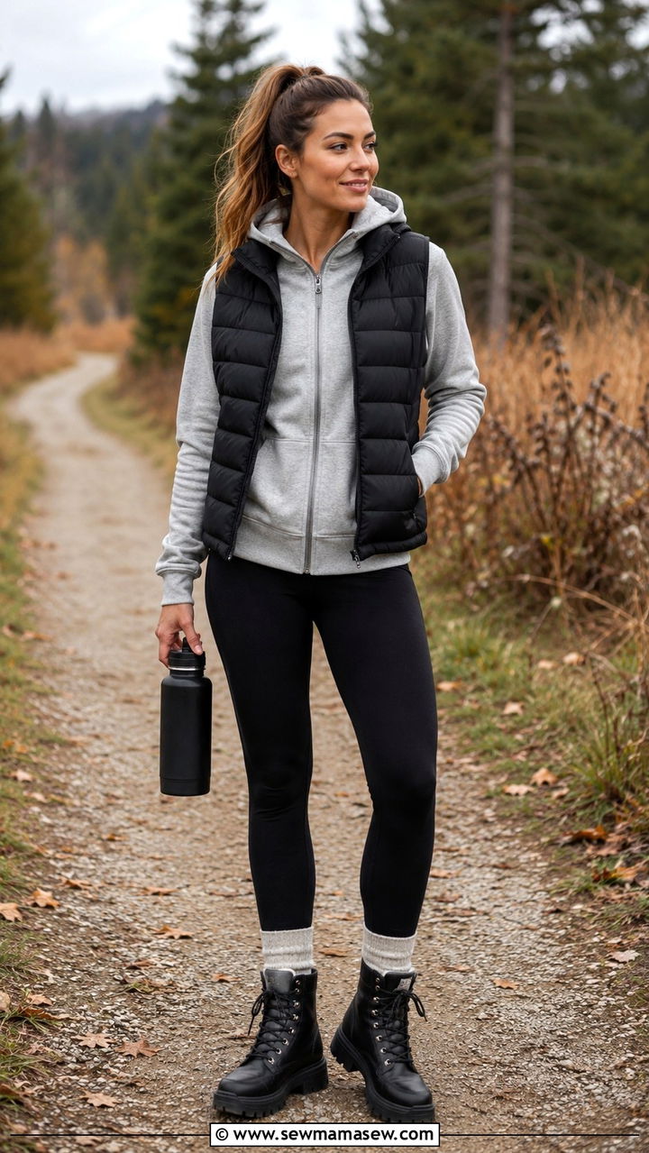 Zip up hoodie layered under a puffer vest with leggings - 30 Hoodie outfit ideas for women 2026