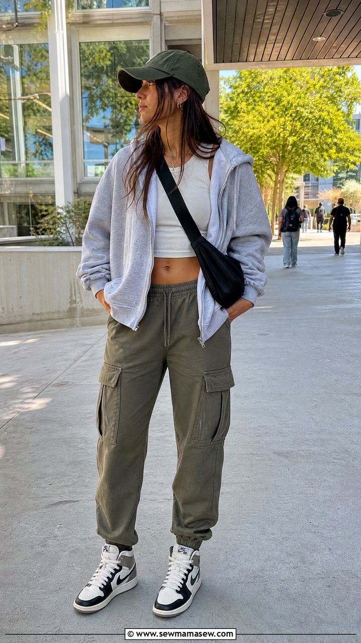 Zip up hoodie with cargo joggers outfit - 40 school outfits