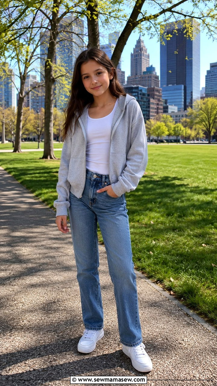 Zip up hoodie with straight leg jeans and sneakers - 30 Spring outfits for tweens