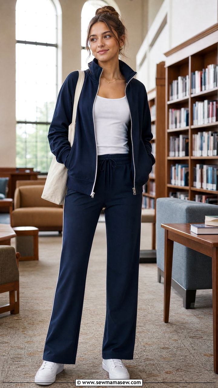 Zip up track jacket with matching straight leg track pants - 30 College library outfit ideas