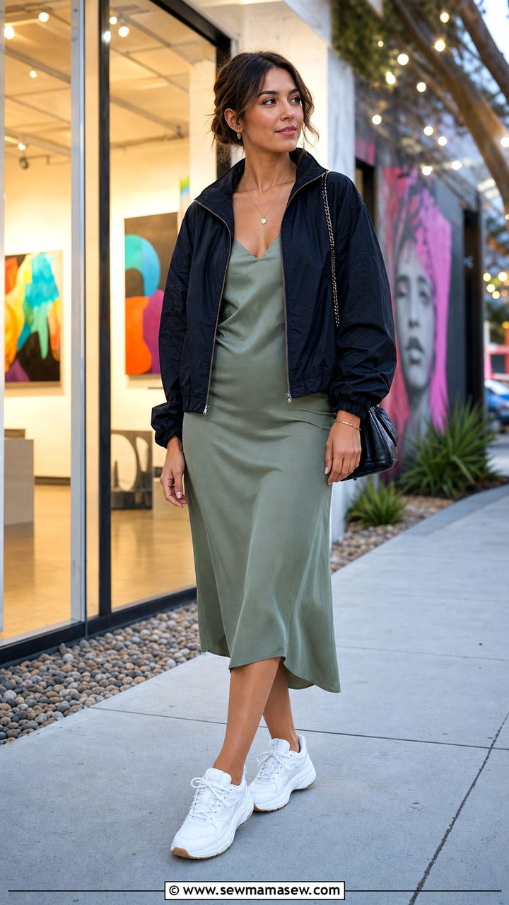 Zipfront jacket with slip dress and dad sneakers - 25 sporty chic outfits aesthetic