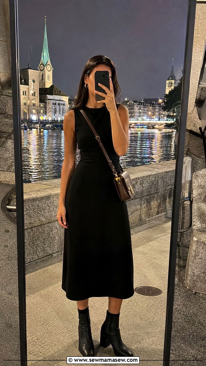 Zurich Black Midi Dress With Brown Leather Bag And Ankle Boots Outfit - 25 Zurich outfit ideas