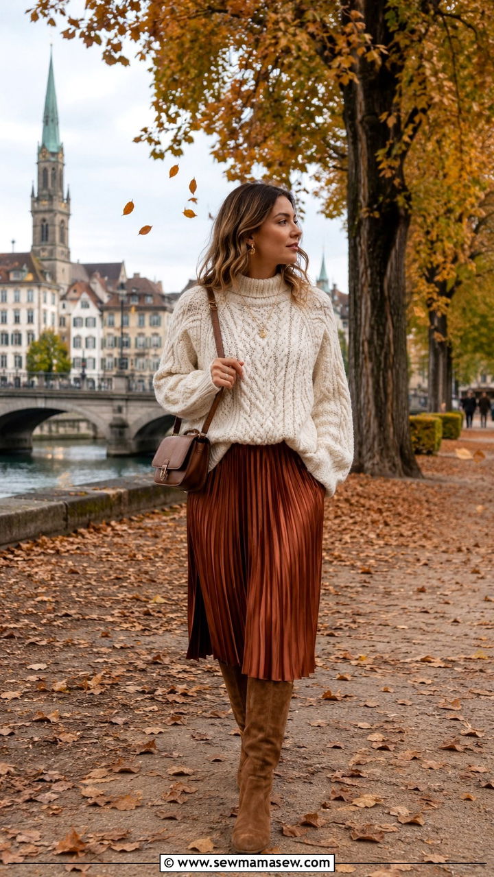 Zurich Chunky Knit Sweater With Midi Skirt And Flat Boots Outfit - 25 Zurich outfit ideas