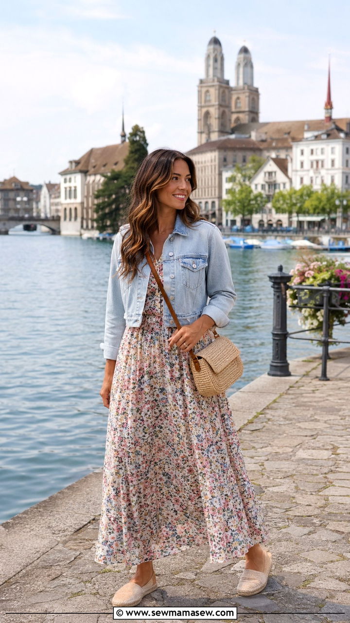 Zurich Flowy Maxi Dress With Denim Jacket And Espadrilles Outfit - 25 Zurich outfit ideas