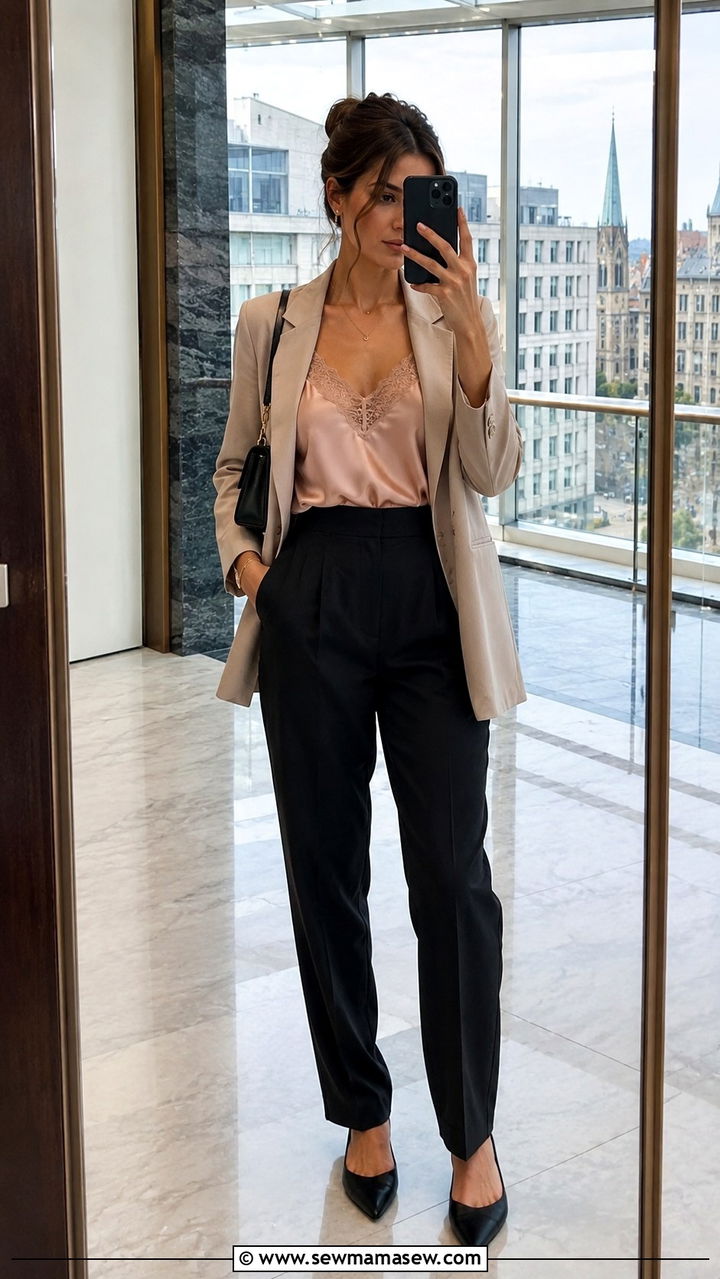 Zurich Lace Trim Camisole With High Waist Trousers And Blazer Outfit - 25 Zurich outfit ideas