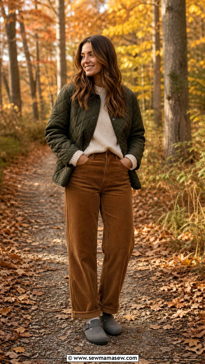 Zurich clogs with corduroy pants and quilted jacket - 40 Birkenstocks outfit ideas