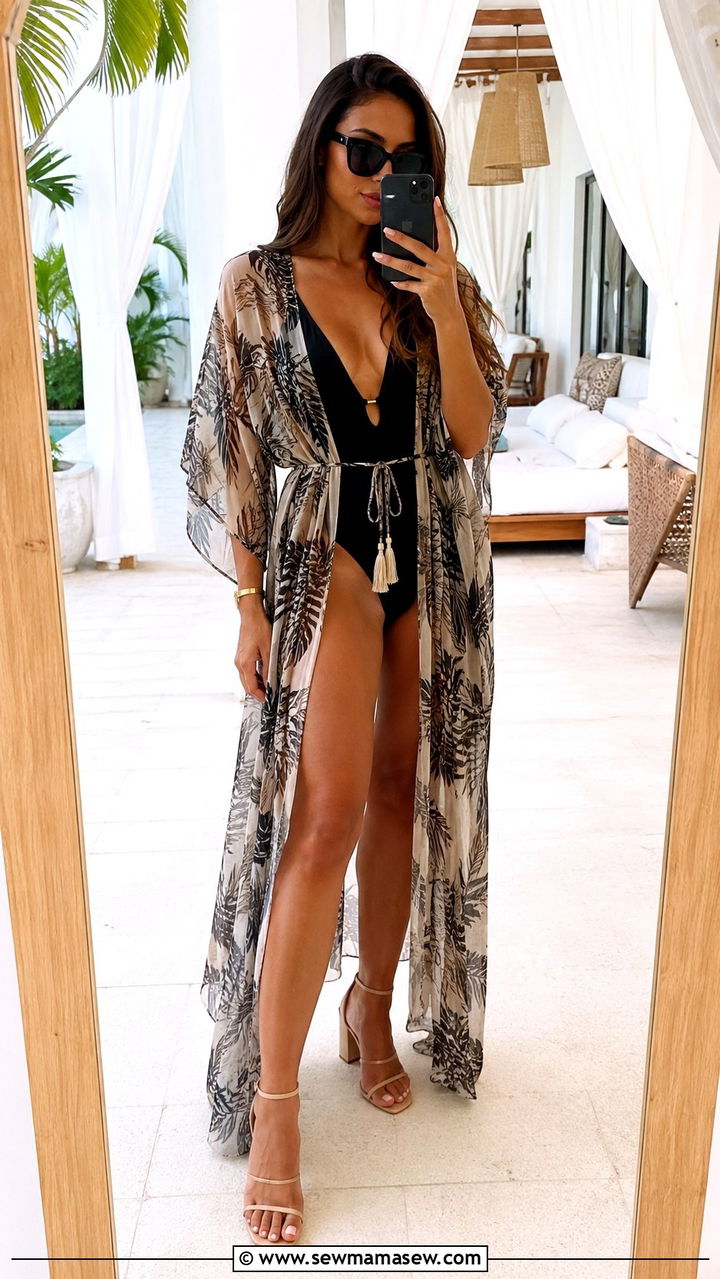 Zwiewny kaftan z jedwabiu narzucony na kostium kpielowy - 25 resort outfits aesthetic