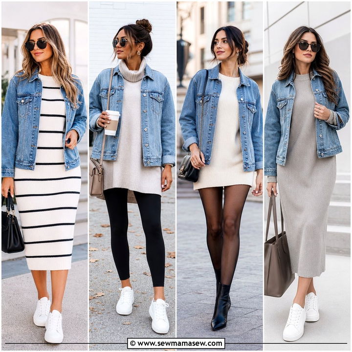 20 Sweater Dress Outfit Ideas With a Denim Jacket: Cozy Chic
