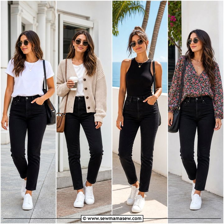 25 Black Jeans Outfit Ideas With White Sneakers for Casual Chic