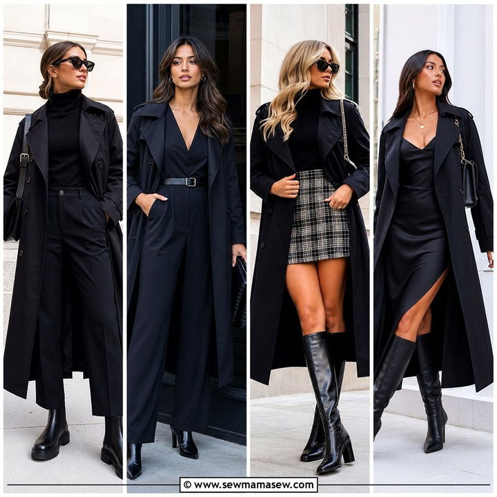 25 Black Trench Coat Outfit Ideas With Boots for Rainy Days