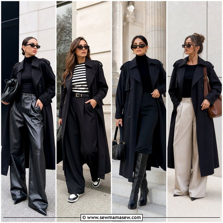25 Black Trench Coat Outfit Ideas With Wide Leg Pants
