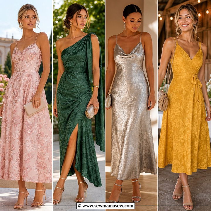 25 Chic Wedding Guest Outfit Ideas: Jacquard Dress Looks