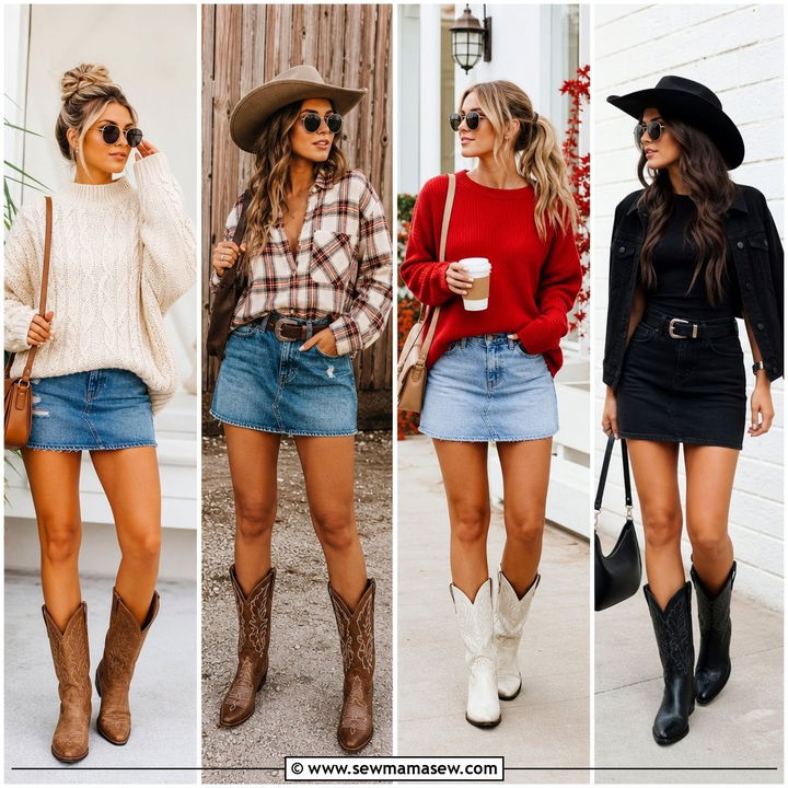 25 Mini Denim Skirt Outfit Ideas With Cowboy Boots to Try