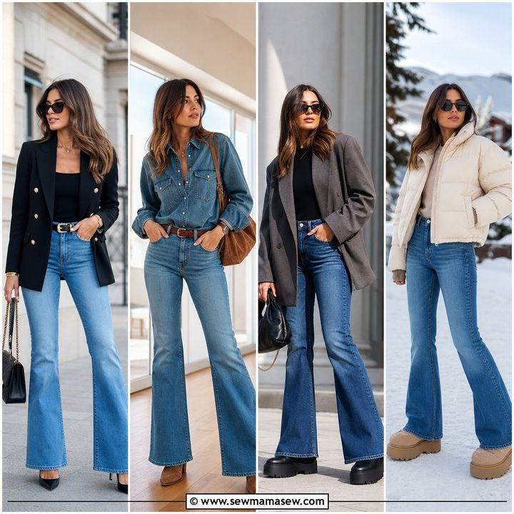 25 Petite Outfit Ideas With Flare Jeans for Leg-Lengthening Style