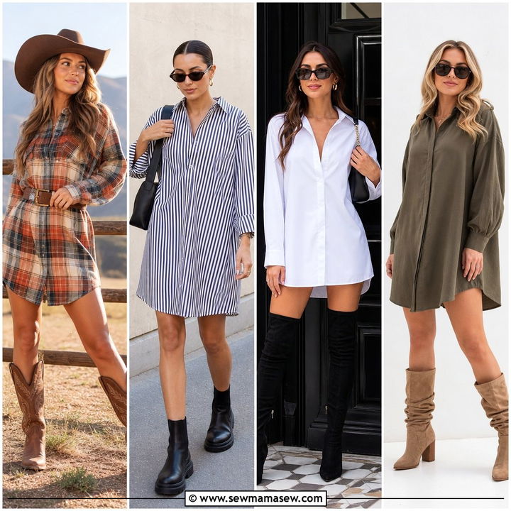 25 Shirt Dress Outfit Ideas With Boots For Fall-To-Winter Chic
