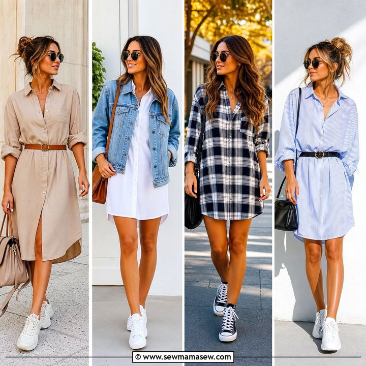 25 Shirt Dress Outfit Ideas With Sneakers For Easy Chic