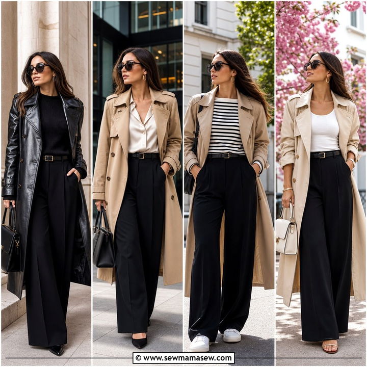 25 Wide Leg Black Pants Outfit Ideas With a Trench Coat for Fall