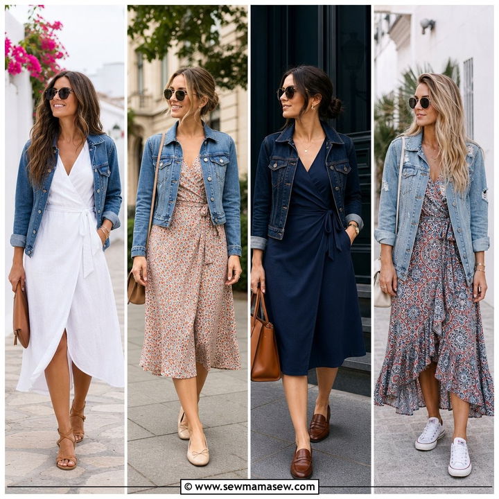 25 Wrap Dress Outfit Ideas With a Denim Jacket for Casual Chic