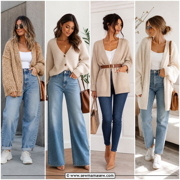30 High Waisted Jeans Outfit Ideas With A Cardigan For Layers