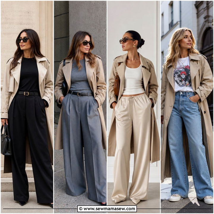 30 Khaki Trench Coat Outfit Ideas With Wide Leg Pants Chic