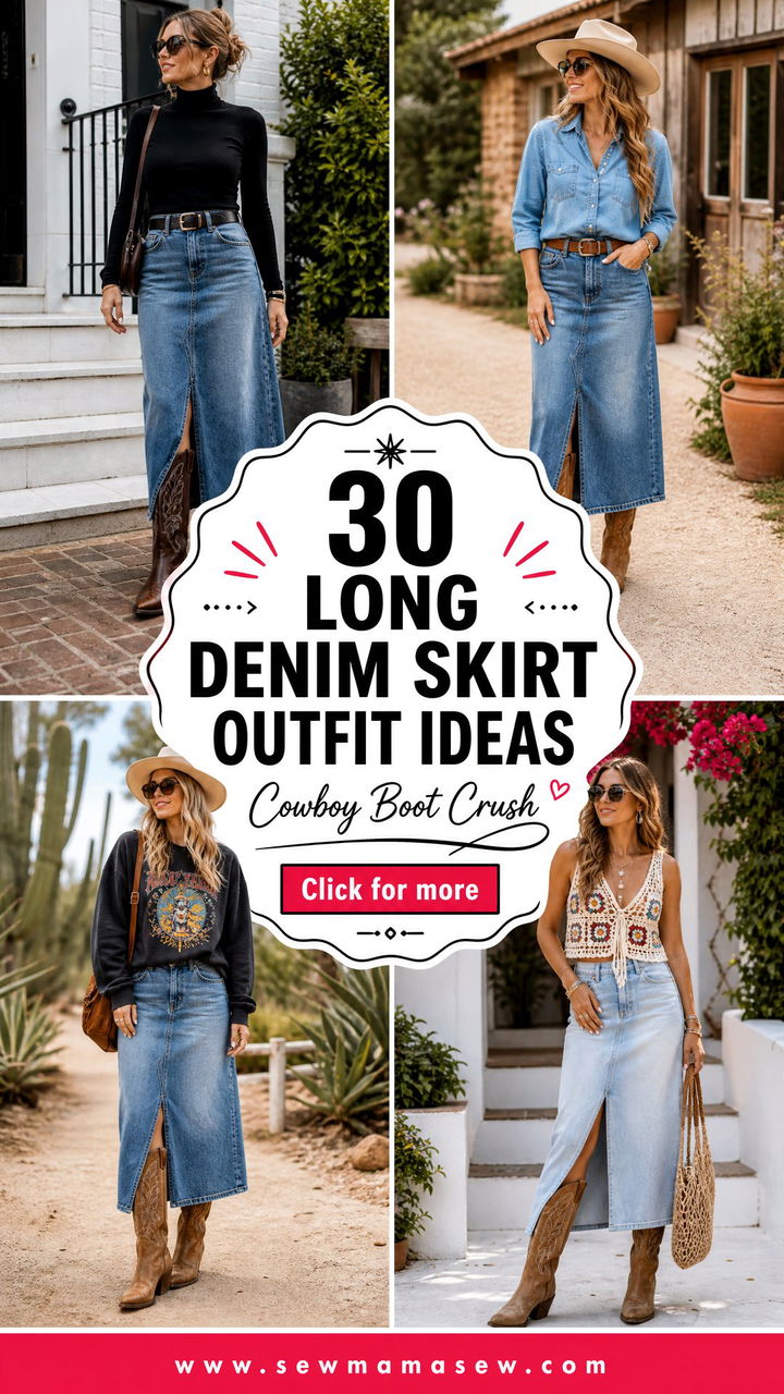30 Long Denim Skirt Outfit Ideas With Cowboy Boots to Love - 30 Long Denim Skirt Outfit Ideas With Cowboy Boots to Love