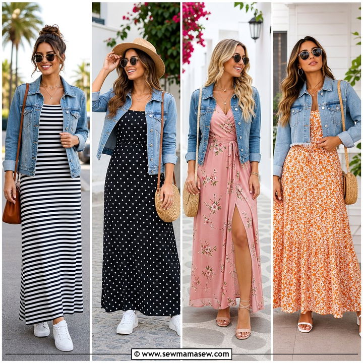 30 Maxi Dress Outfit Ideas With a Denim Jacket to Try