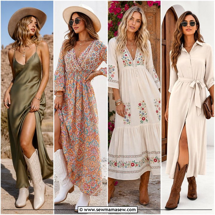 30 Maxi Dress With Cowboy Boots Outfit Ideas for Boho Chic