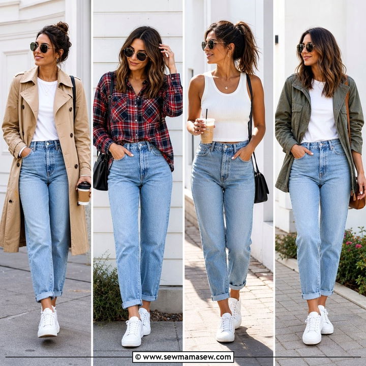 30 Mom Jeans Outfit Ideas With White Sneakers to Copy Now