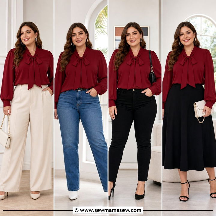20 Plus Size Tie Neck Blouse Outfit Ideas for Work and Weekends