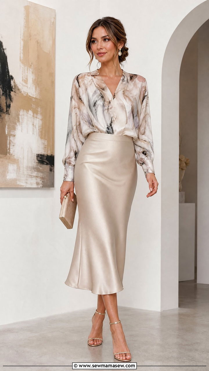 Abstract Print Blouse With A Satin Midi Skirt - 20 abstract print top outfit ideas