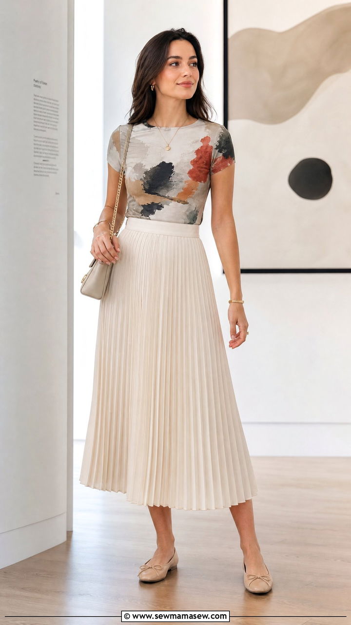 Abstract Print Top With Pleated Midi Skirt - 20 abstract print top outfit ideas
