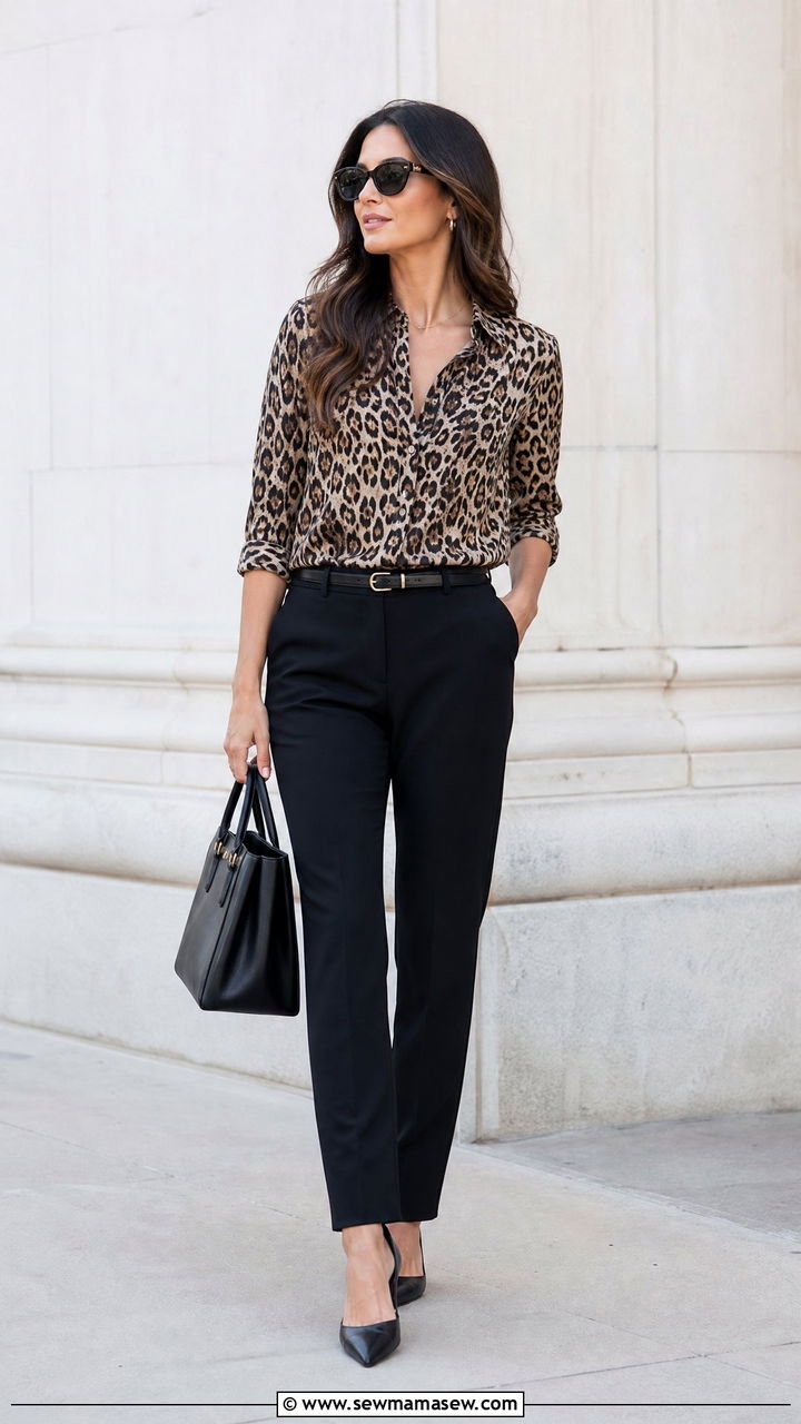 Animal Print Blouse With Black Pants - 20 printed blouse outfit ideas