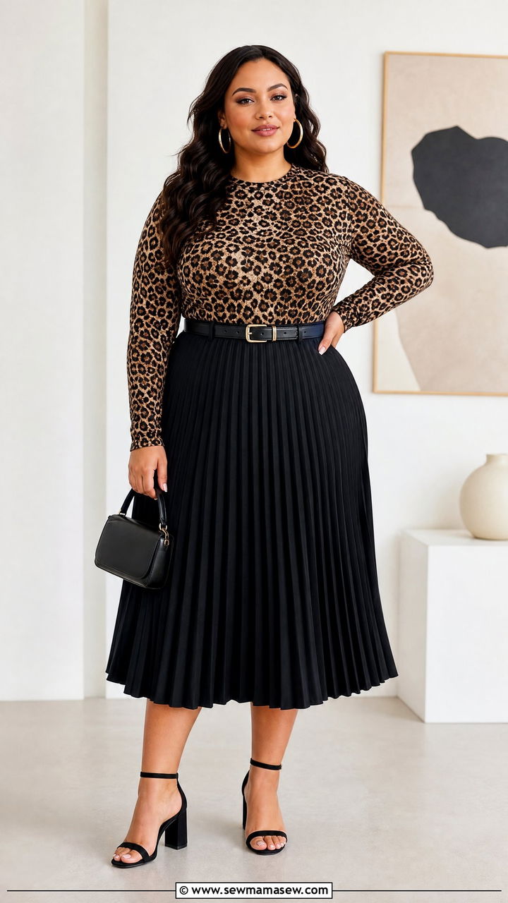 Animal Print Top With Pleated Skirt - 20 plus size animal print top outfit ideas