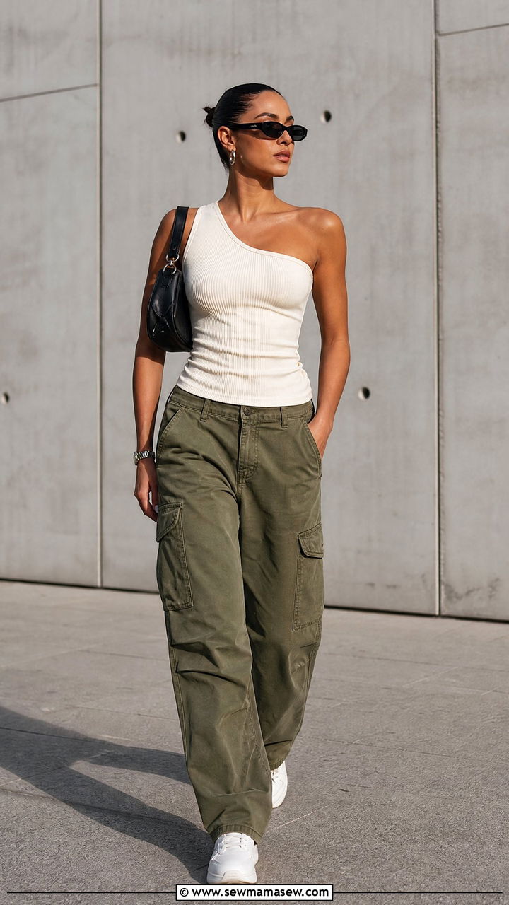 Asymmetric One Shoulder Top With Cargo Pants - 20 asymmetric one shoulder top outfit ideas