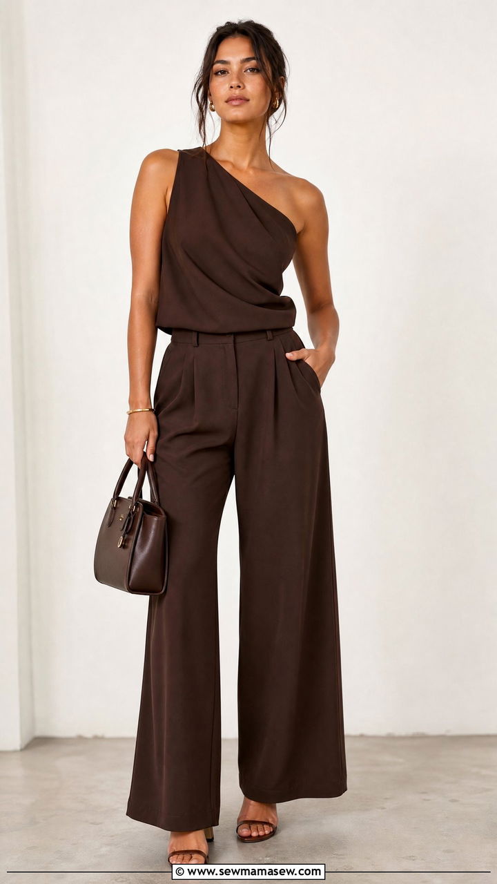 Asymmetric One Shoulder Top With Monochrome Outfit - 20 asymmetric one shoulder top outfit ideas
