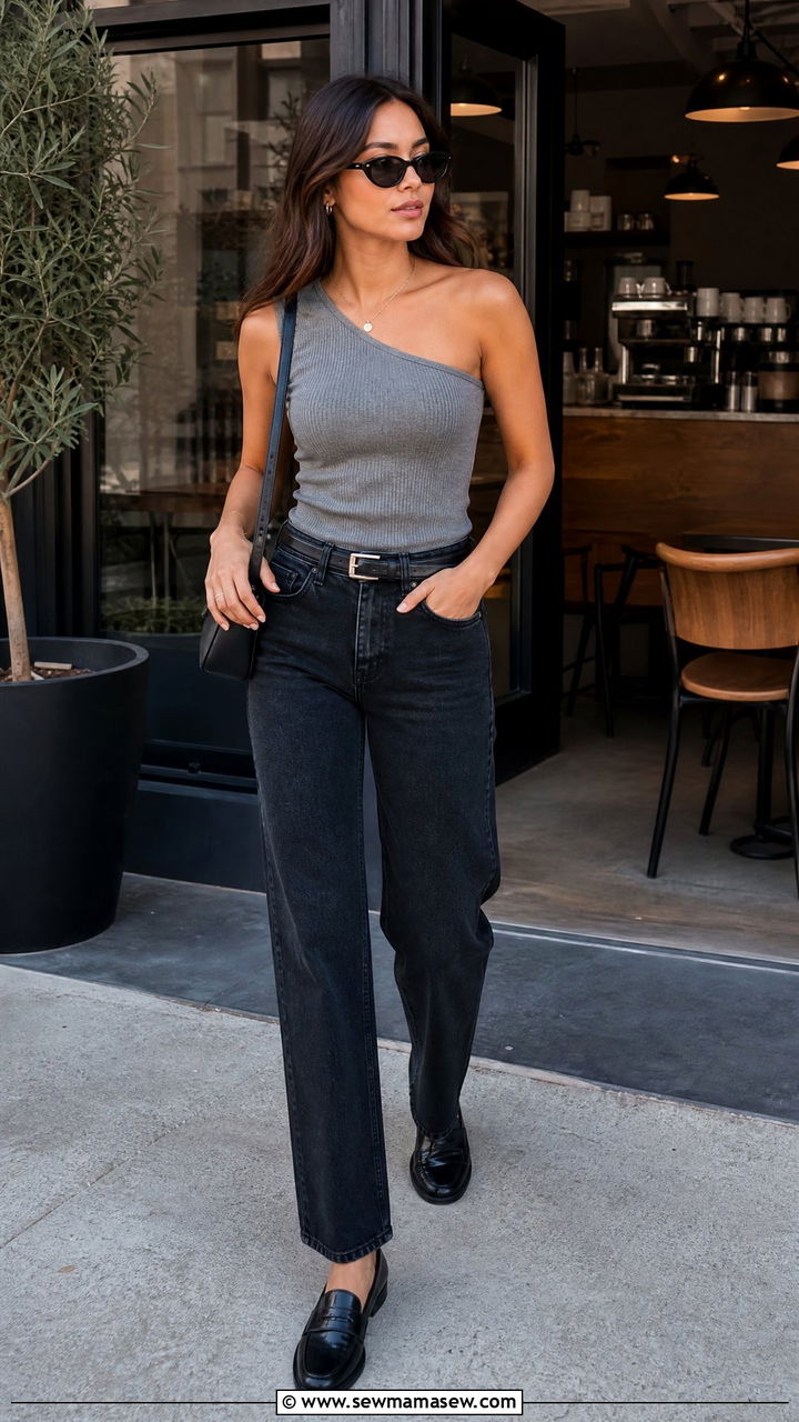 Asymmetric One Shoulder Top With Straight Leg Jeans - 20 asymmetric one shoulder top outfit ideas