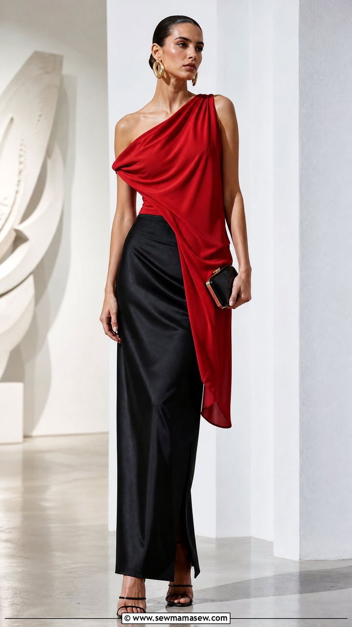Asymmetric Statement Top With Column Skirt Outfit - 20 statement top outfit ideas