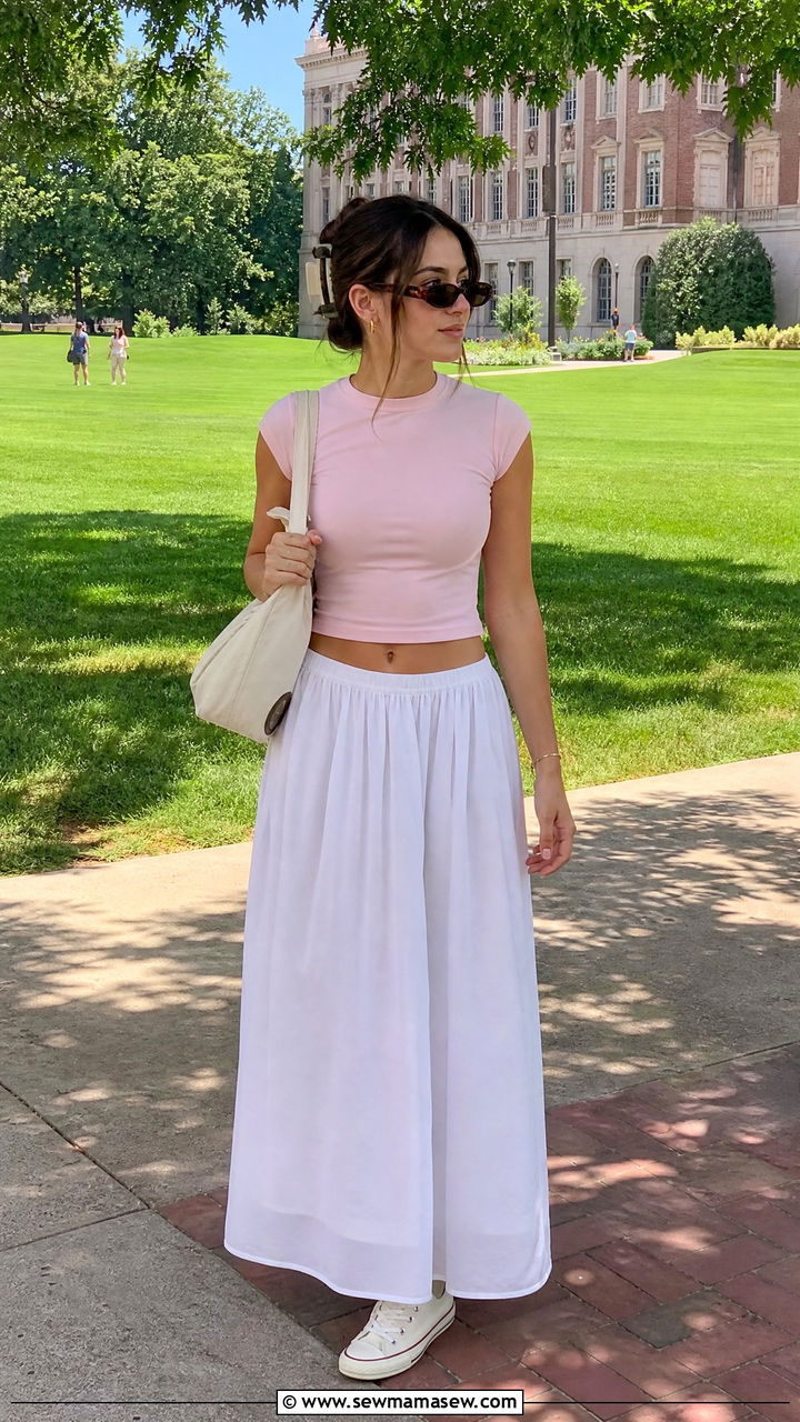 Baby Tee Crop Top And Maxi Skirt - 20 summer crop top outfit ideas for college