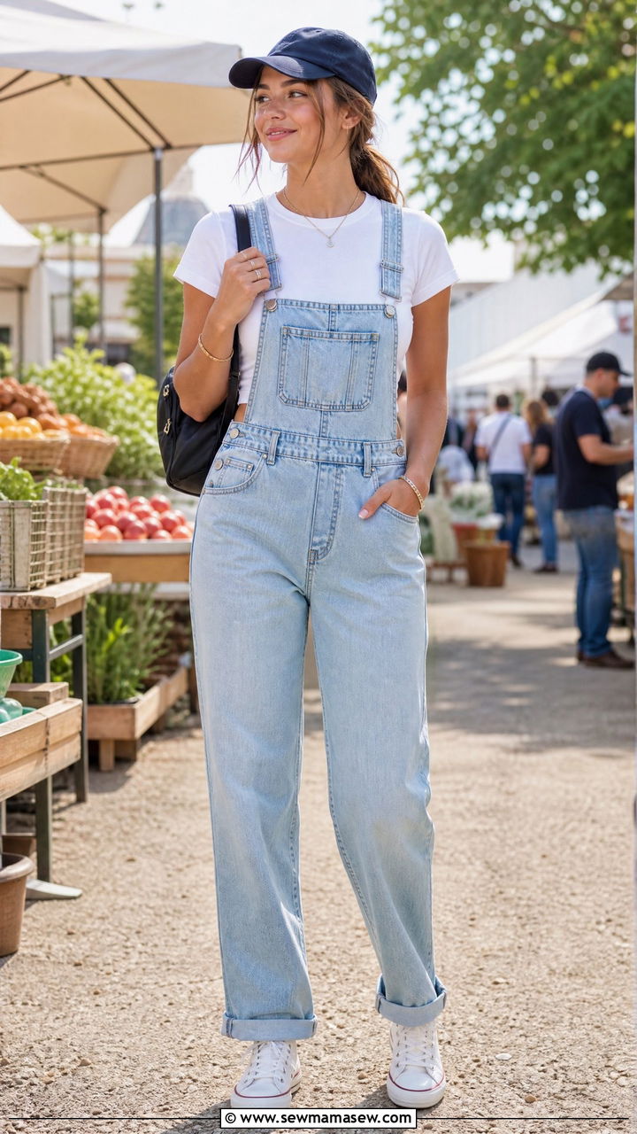 Baby Tee Crop Top With Denim Overalls And Sneakers - 20 summer crop top outfit ideas with sneakers
