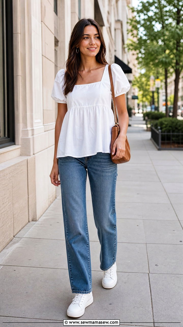 Babydoll Top With Straight Leg Jeans - 20 babydoll top outfit ideas