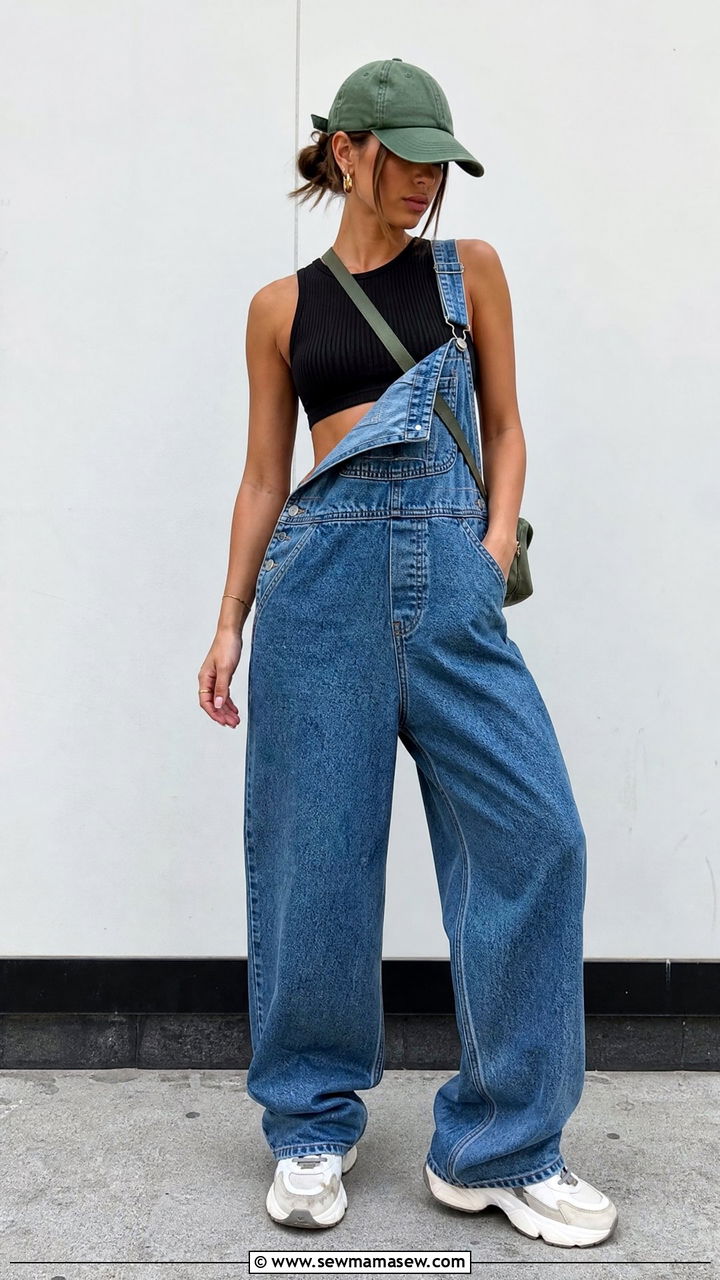 Baggy Denim Overalls With Fitted Crop Top And Dad Sneakers - 20 crop top with denim overalls outfit ideas